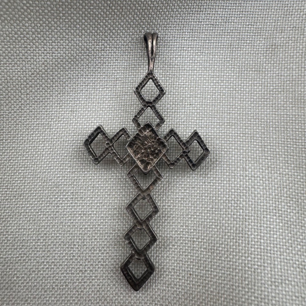Sterling Silver Turquoise Geometric Cross Pendant Southwestern Textured 2.75" - Picture 2 of 4